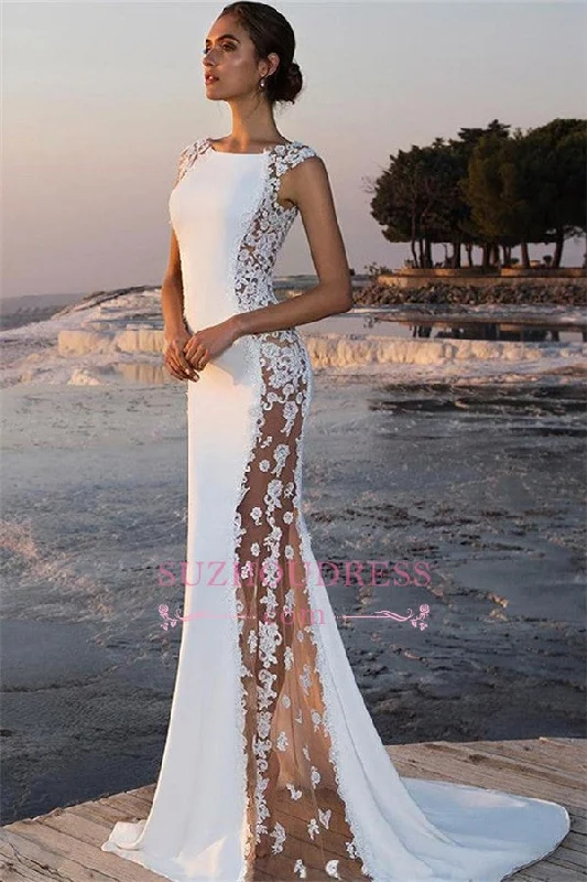 Pure White Sleeveless Square Mermaid Prom Dresses | Lace Appliques Sweep Train Evening Gown Pure White Sleeveless Square Mermaid Prom Dresses | Lace Appliques Sweep Train Evening Gown