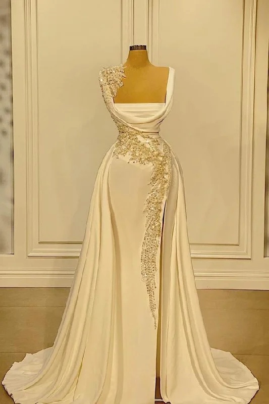Vintage Ivory Square A-line Beading Prom Dresses with Slit