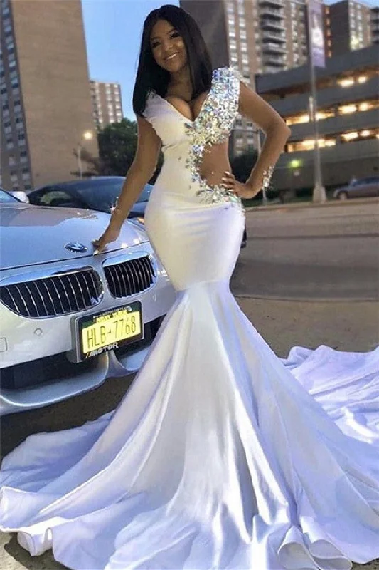 Glamorous White V-Neck Sleeveless Long Prom Dresses | Rhinestone Mermaid Evening Gown BC0692 Glamorous White V-Neck Sleeveless Long Prom Dresses | Rhinestone Mermaid Evening Gown BC0692