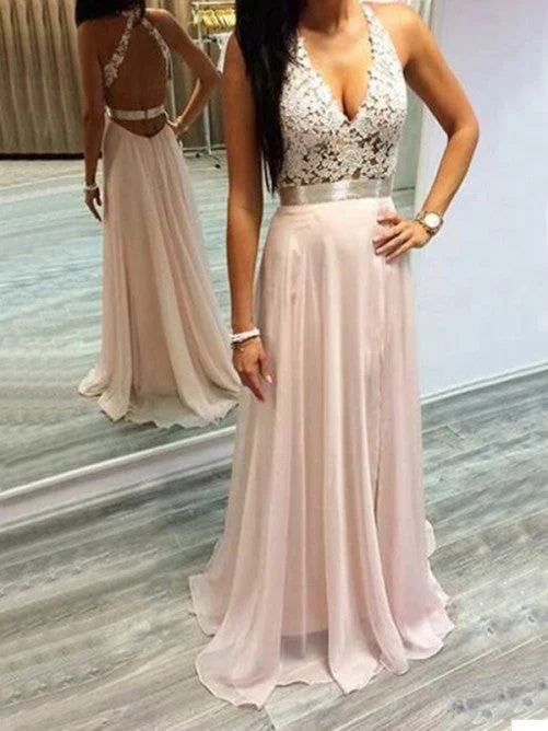 Chiffon V-Neck Open Back Long Evening Gowns  Lace Halter Prom Dresses BA2433