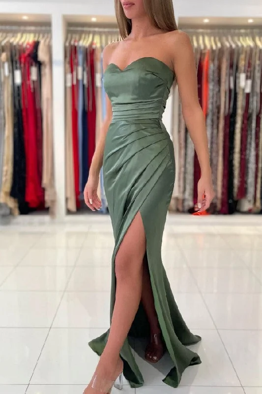 Simple Green Strapless Sleeveless Mermaid Elastic Woven Satin Floor-Length Prom Dresses Simple Green Strapless Sleeveless Mermaid Elastic Woven Satin Floor-Length Prom Dresses