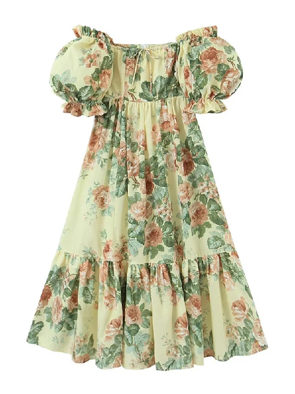 Lizakosht Summer Women Vintage Floral Print Big Swing Long Dress Puff Sleeve Female Sexy Off Shoulder Holiday Party Boho Dresses Lizakosht Summer Women Vintage Floral Print Big Swing Long Dress Puff Sleeve Female Sexy Off Shoulder Holiday Party Boho Dresses