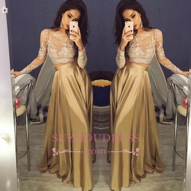 Gold Sexy Two Piece Evening Gowns Long Sleeves Lace Prom Dresses  BA3993