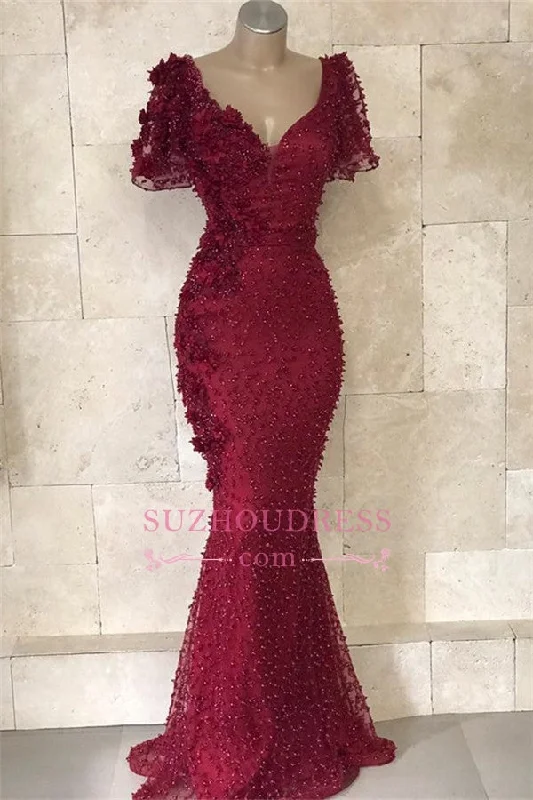 Gorgeous Red V-Neck Short Sleeves Mermaid Floor-Length Prom Dresses | Appliques Beading Long Evening Gown Gorgeous Red V-Neck Short Sleeves Mermaid Floor-Length Prom Dresses | Appliques Beading Long Evening Gown