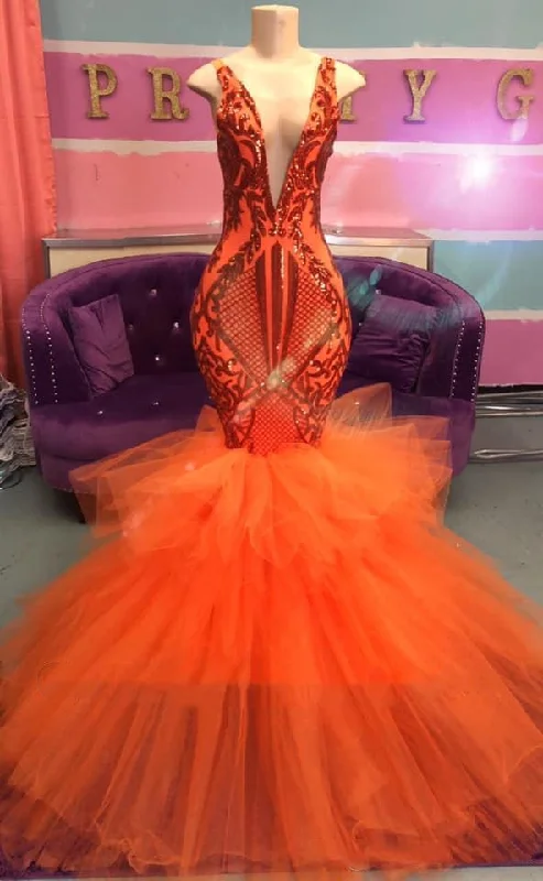 Orange V-Neck Sleeveless Prom Dress Mermaid With Ruffles