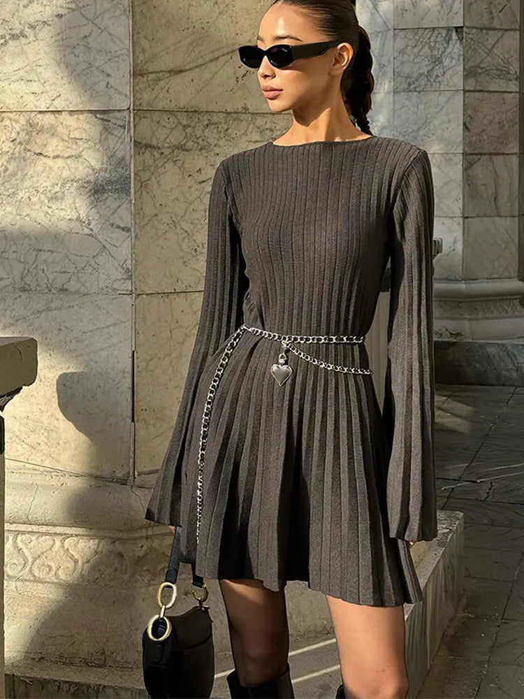 Ribbed Pleated Midi Fashion Knit Dress Women Autumn Long Sleeve High Waist O Neck Dresses Ribbed Pleated Midi Fashion Knit Dress Women Autumn Long Sleeve High Waist O Neck Dresses
