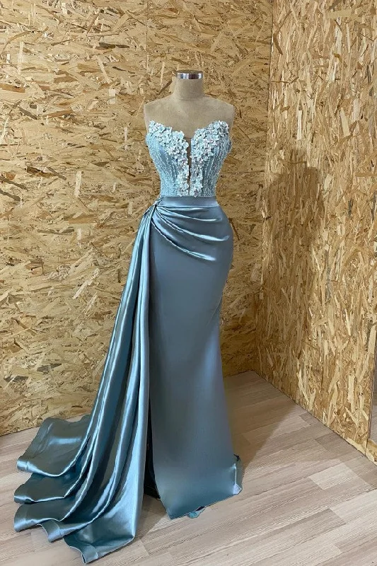 Elegant Blue Strapless Sleeveless Mermaid Elastic Woven Satin Prom Dresses with Ruffles Elegant Blue Strapless Sleeveless Mermaid Elastic Woven Satin Prom Dresses with Ruffles