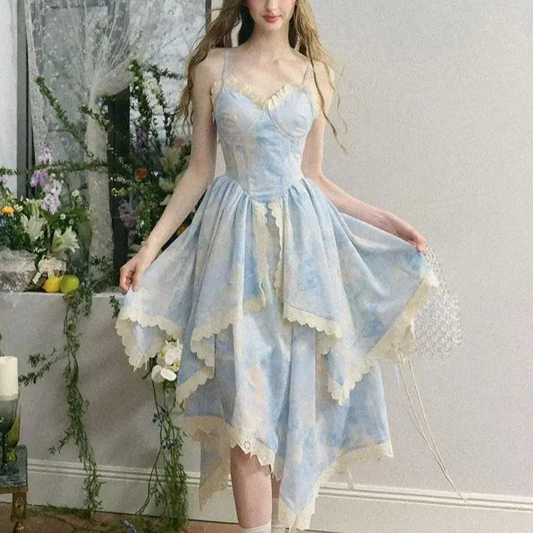 LIZAKOSHT - Strap Dress Irregular Floral Blue French Waist Plus Size 2024 Summer New Gentle New Sweet Holiday Dress LIZAKOSHT - Strap Dress Irregular Floral Blue French Waist Plus Size 2024 Summer New Gentle New Sweet Holiday Dress