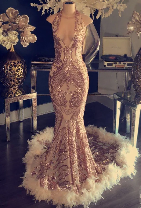 Halter V-neck Sequined Appliques Prom Dress with Feather | Sleeveless Sexy Graduation Dresses BC1048 Halter V-neck Sequined Appliques Prom Dress with Feather | Sleeveless Sexy Graduation Dresses BC1048