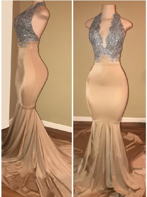 Luxury Halter Mermaid Prom Dresses  Sleeveless Applique Lace Evening Gowns BA7774