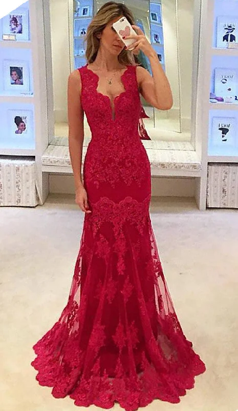 Popular Long Sleeveless Mermaid Prom Gowns  Elegant Sexy Red Lace Evening Dresses BA3745