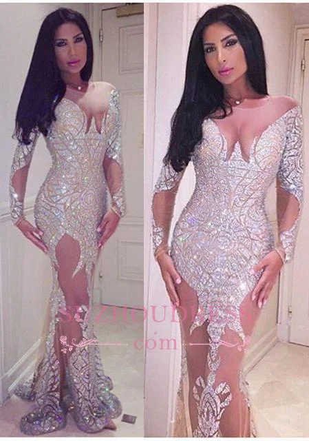 Sheer Tulle Crystals Sexy Evening Gowns Glamorous Mermaid Long Sleeve  Prom Dress BA3877