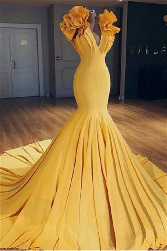 Ginger Yellow Mermaid Prom Dresses on Mannequins | Ruffles Court Train Sexy Evening Gowns BA9299 Ginger Yellow Mermaid Prom Dresses on Mannequins | Ruffles Court Train Sexy Evening Gowns BA9299