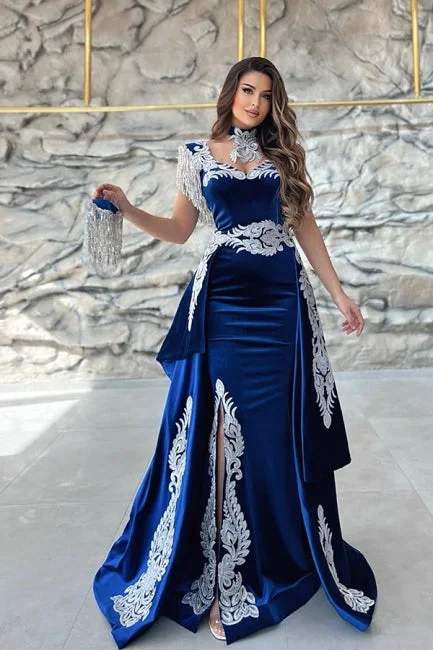 Gorgeous Blue Sweetheart Column Appliques Sleeveless Split Front Floor-length Prom Dresses with Train Gorgeous Blue Sweetheart Column Appliques Sleeveless Split Front Floor-length Prom Dresses with Train