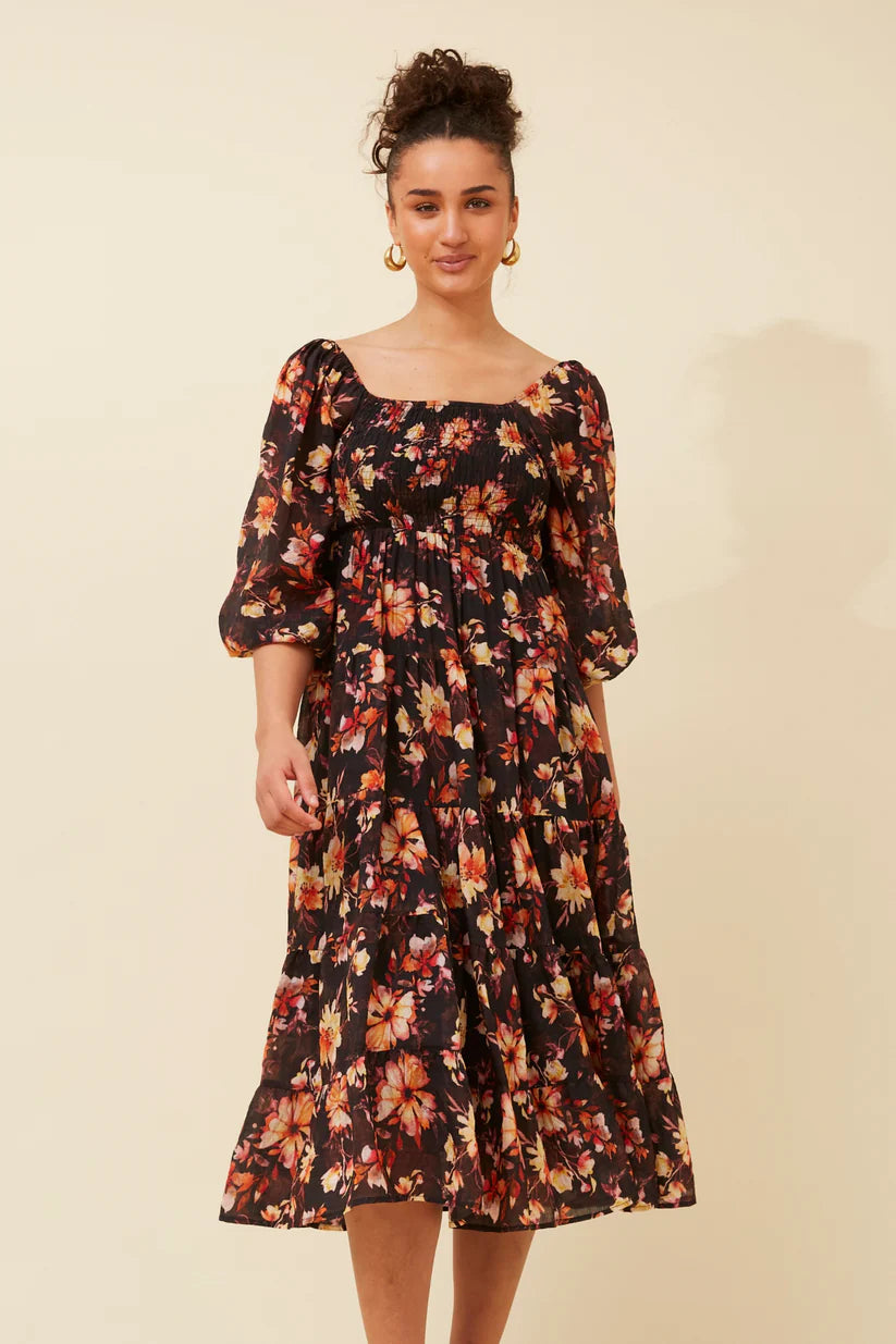 Caroline K Morgan Long Sleeve Printed Tiered Dress Black Floral