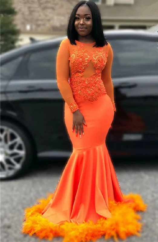 Feather Mermaid Orange Prom Dresses  | Long Sleeve Sparkle Appliques Evening Gowns