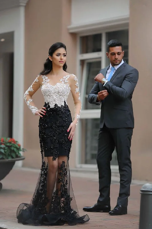 Gorgeous Black and White Long Sleeve Prom Dress Lace Crystal Tulle Evening Gowns BA6242 Gorgeous Black and White Long Sleeve Prom Dress Lace Crystal Tulle Evening Gowns BA6242