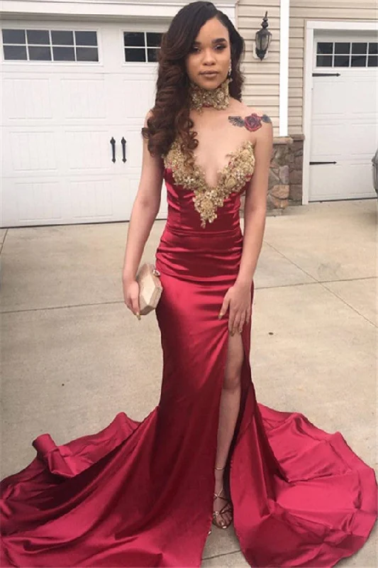 Luxurious V-Neck Sleeveless Front Split Prom Dresses | Burgundy Appliques Mermaid Evening Dresses Luxurious V-Neck Sleeveless Front Split Prom Dresses | Burgundy Appliques Mermaid Evening Dresses
