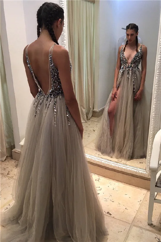 Deep V-neck Tulle Front Slit Evening Gowns Crystals Open-Back Sexy Beadings Prom Dresses BA4255 Deep V-neck Tulle Front Slit Evening Gowns Crystals Open-Back Sexy Beadings Prom Dresses BA4255