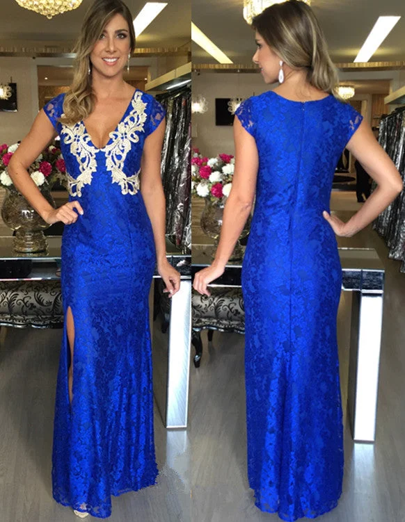 Long Zipper Royal-Blue Split Mermaid Applique V-Neck Sexy Prom Dresses