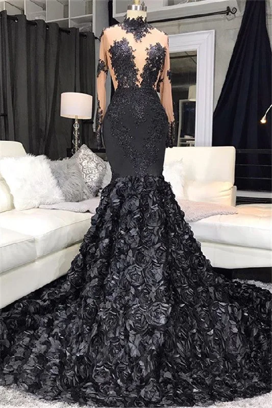 Lace Appliques Flowers High Neck Prom Dresses | Sheer Tulle Mermaid Evening Dresses