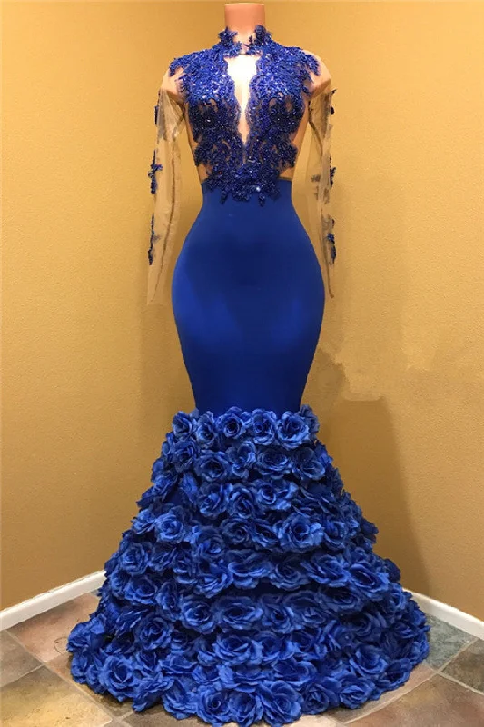 Royal Blue Rose Bottom Prom Dress  | Long Sleeve Lace Mermaid Prom Gown BA7969