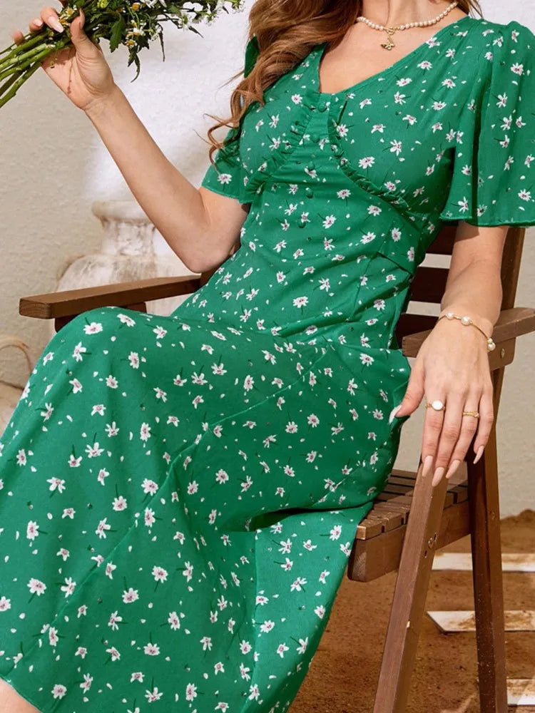 LIZAKOSHT  -  Summer New Flare Sleeve Elegant Print Dress Women Fashion High Waist A-line Beach Dress Lady Floral Holiday Dress