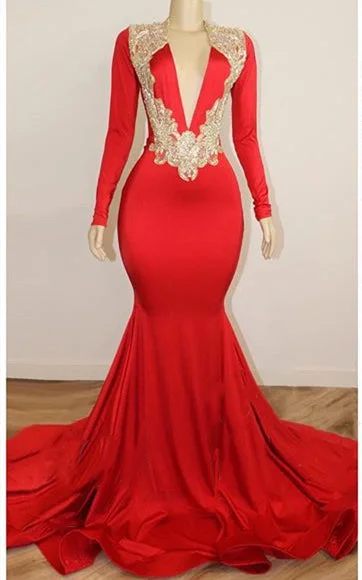 Long Sleeve Red Prom Dresses with Beads Crystals | V-neck Open Back Sexy Evening Gowns Long Sleeve Red Prom Dresses with Beads Crystals | V-neck Open Back Sexy Evening Gowns