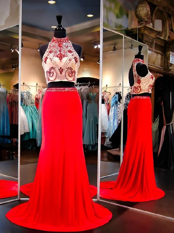 High Collar Two Piece Prom Dresses Beading Open Back Long  Evening Gowns
