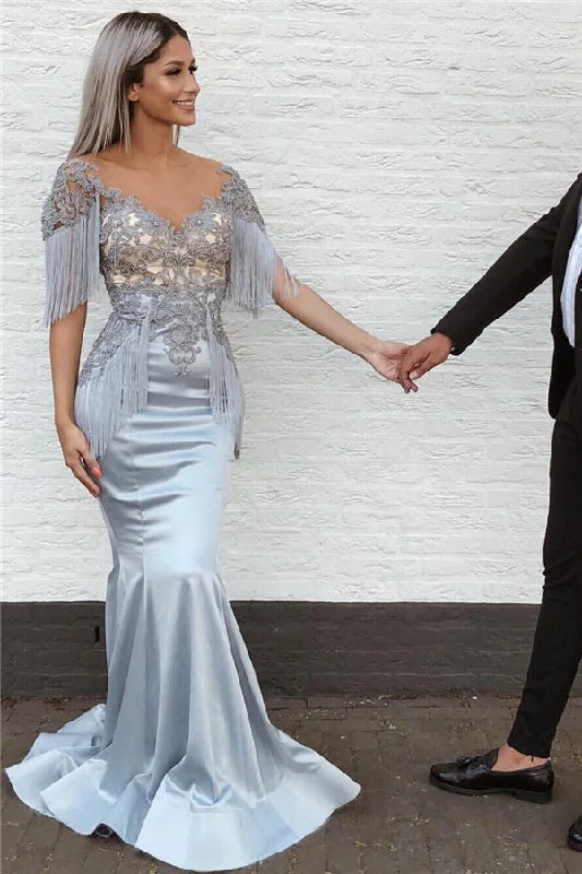 Mermaid Lace Appliques Tassels Prom Dresses | Short Sleeves Sexy V-neck Evening Gown bc0291 Mermaid Lace Appliques Tassels Prom Dresses | Short Sleeves Sexy V-neck Evening Gown bc0291