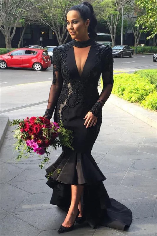 Hi-lo Puffy Mermaid Black Long-Sleeves Lace Appliques Deep-V-Neck Prom Dresses