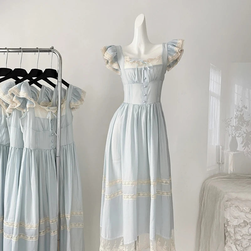 LIZAKOSHT  -  Summer Lace Patchwork Dress Fashion Retro Small Flying Sleeves Dress Women Sleeveless Seaside Holiday Long Dress