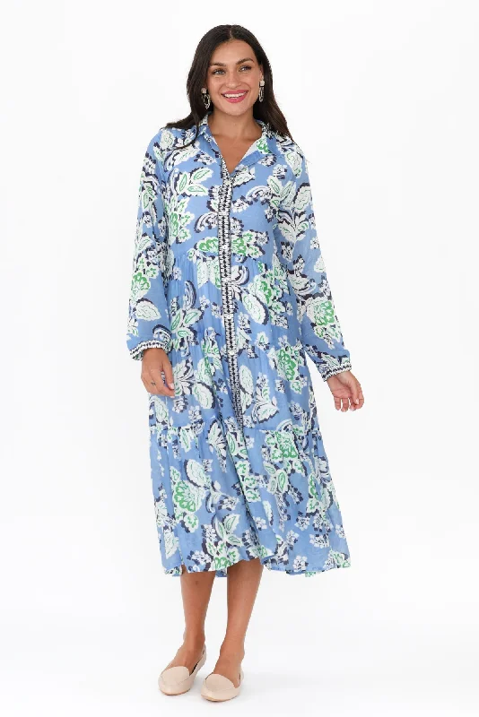 Coastal Blue Leaf Collared Dress