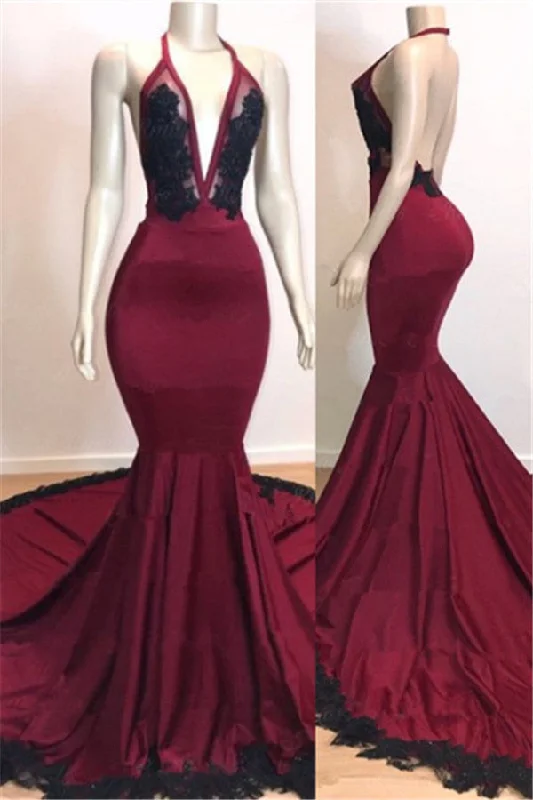 Sexy Backless Black Lace Prom Dresses | Mermaid V-neck Burgundy Evening Gown with Long Train BC0620 Sexy Backless Black Lace Prom Dresses | Mermaid V-neck Burgundy Evening Gown with Long Train BC0620