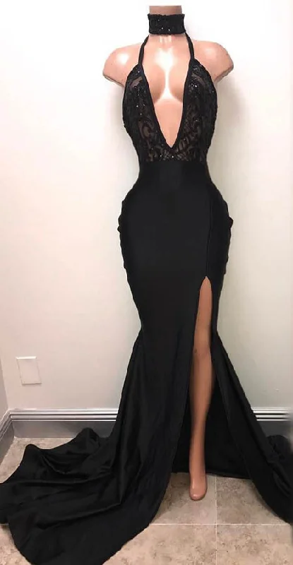 Halter Deep V-neck Black Prom Dresses  | Sexy Slit Sleeveless Evening Dress