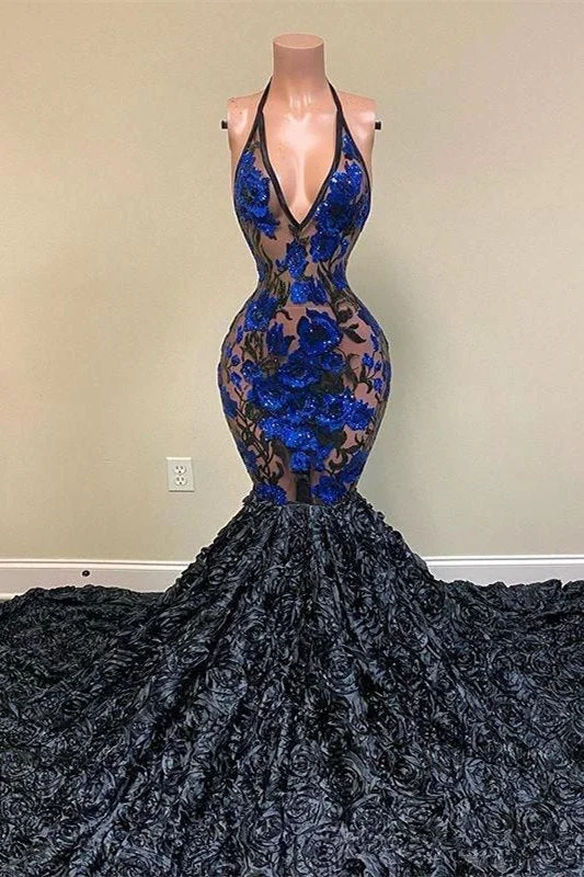 Elegant Black Appliques V-neck Halter Sleeveless Floor-length Mermaid Prom Dresses