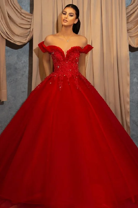 Red Off-the-shoulder Sleeveless Ball Gown Chiffon Floor-Length Prom Dresses with Lace Red Off-the-shoulder Sleeveless Ball Gown Chiffon Floor-Length Prom Dresses with Lace