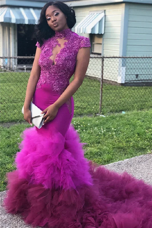 High Neck Mermaid Beads Appliques Prom Dresses | Sheer Tulle Ruffles Train Evening Gowns High Neck Mermaid Beads Appliques Prom Dresses | Sheer Tulle Ruffles Train Evening Gowns
