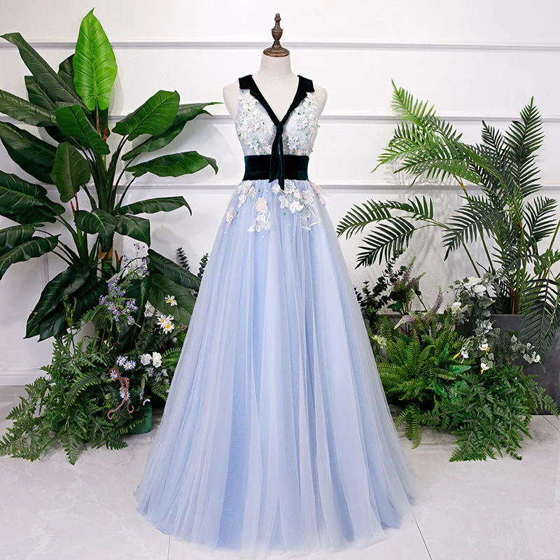 stage performance dress, blue evening dress, V-neck bouffant dress