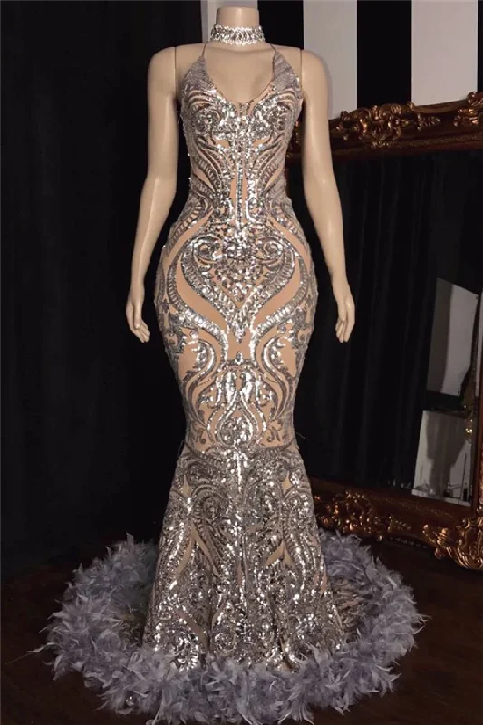 Sparkle Silver Lace Feather Prom Dresses  | Mermaid Sleeveless Sexy Evening Gowns