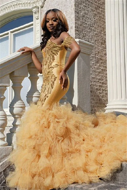 Gold Beads Appliques Mermaid Prom Dresses | Off The Shoulder Tulle Ruffles Evening Gowns Gold Beads Appliques Mermaid Prom Dresses | Off The Shoulder Tulle Ruffles Evening Gowns