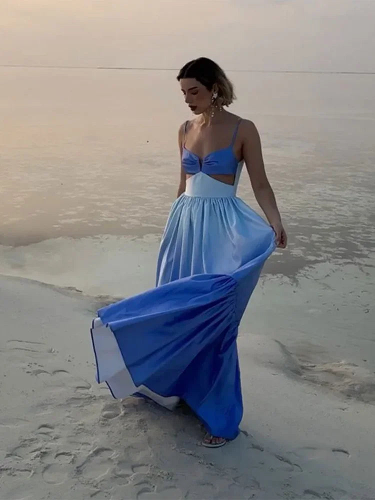 Women Blue Gradient Patchwork Pleated Dresses 2024 Chic Evening Party