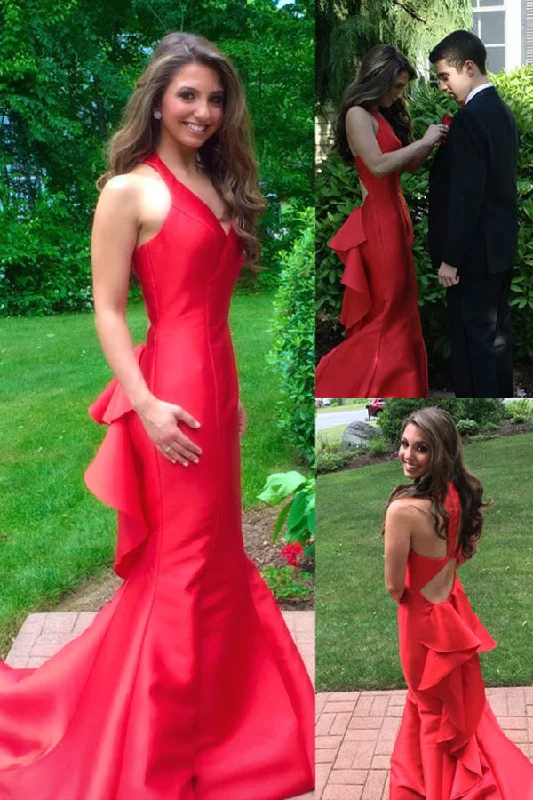 Sleeveless Mermaid Long Prom Dresses  Red Halter Evening Gown