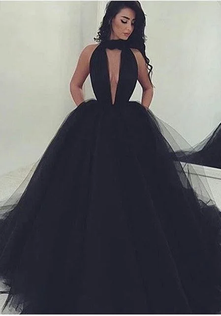 Gorgeous High Neck Keyhole Prom Dresses  Black Puffy Tulle Popular Evening Dress BA4184