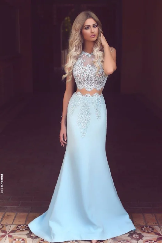 Baby Blue Two Piece Evening Dress Long Lace Mermaid  Prom Dresses BA3914