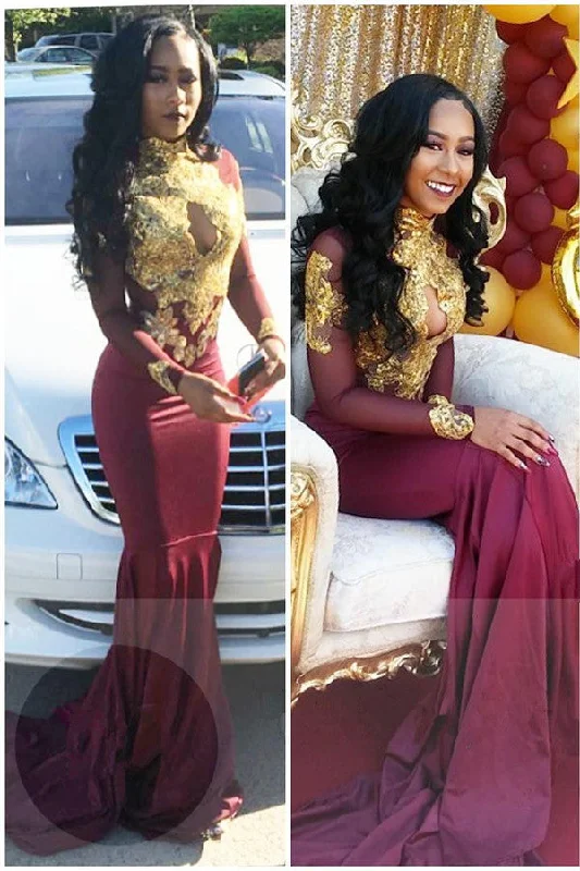 High Neck Gold Appliques Sexy Prom Dress | Open Back Sheath Burgundy Evening Dress with Keyhole FB0342 High Neck Gold Appliques Sexy Prom Dress | Open Back Sheath Burgundy Evening Dress with Keyhole FB0342