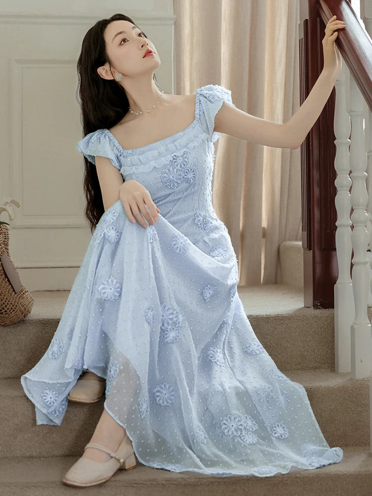 LIZAKOSHT  -  Summer Lady Blue Dress Retro French Style Embroidery Flower Flying Sleeve Romantic Fairy Princess Dresses For Vacation Holidays