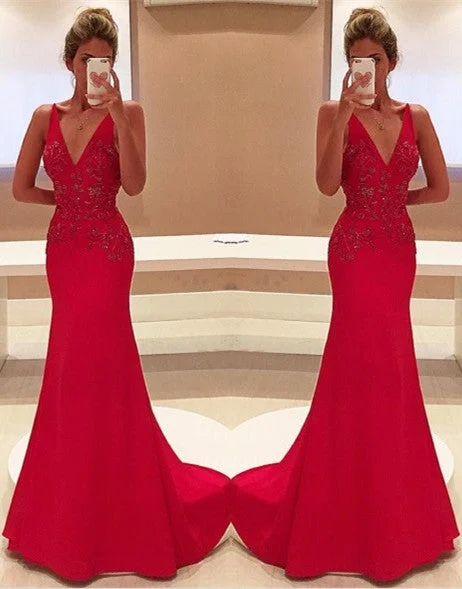 Red Two Straps V-Neckline Sleeveless With Appliques Long Prom Dress