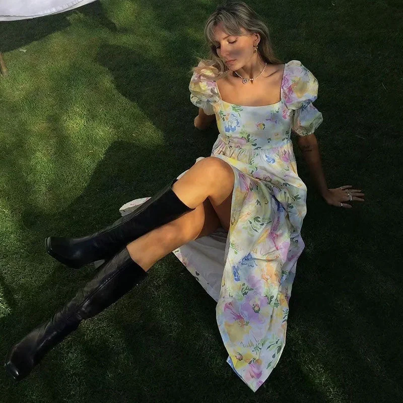 Women France Floral Print Holiday Dress Square Collar Back Tie Bow Backless Dresses Slim Midi Slit Dress 202107 Women France Floral Print Holiday Dress Square Collar Back Tie Bow Backless Dresses Slim Midi Slit Dress 202107