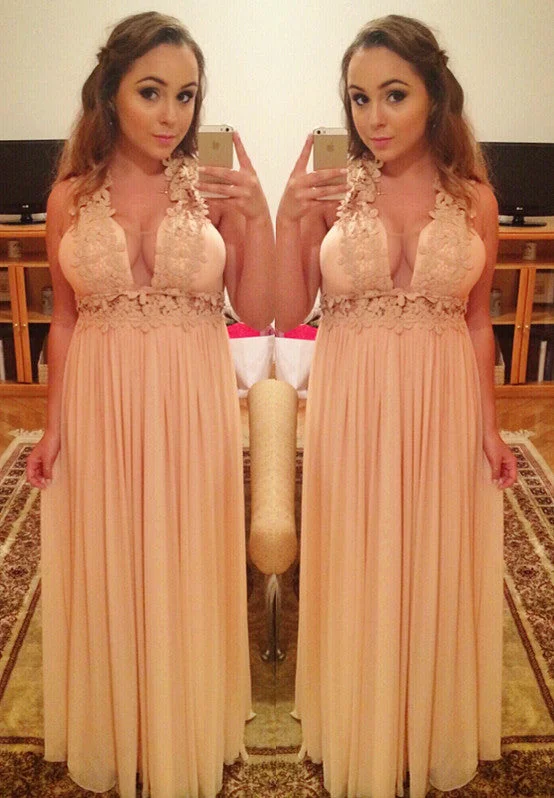 Chiffon Halter Empire Long Lace V-Neck A-Line Prom Dresses